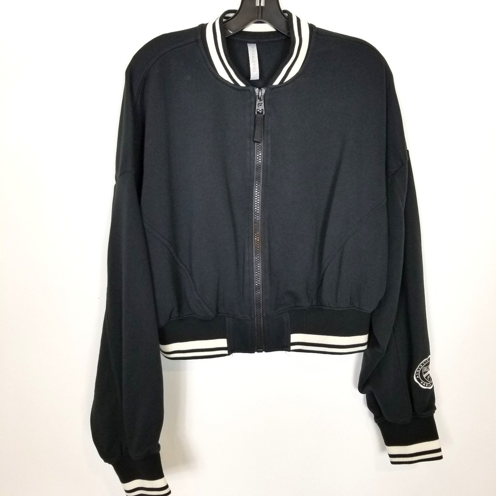 Fabletics Women Zip Up Crop‎ Athletic Jacket Sz L Black White Trim Tennis Sport